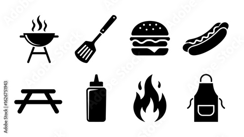 Barbecue Icons Collection for Summer Cookout Fun Featuring Grill Spatula Hamburger and Hotdog with Picnic Table and Apron