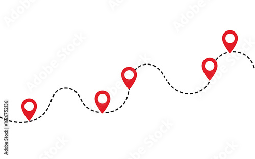 Journey route with red map pointers indicating destination and path for travel planning and exploration design