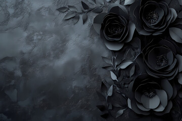 Intricate black floral papercraft arranged on a dark, moody textured surface, creating an elegant monochrome design concept with copy space