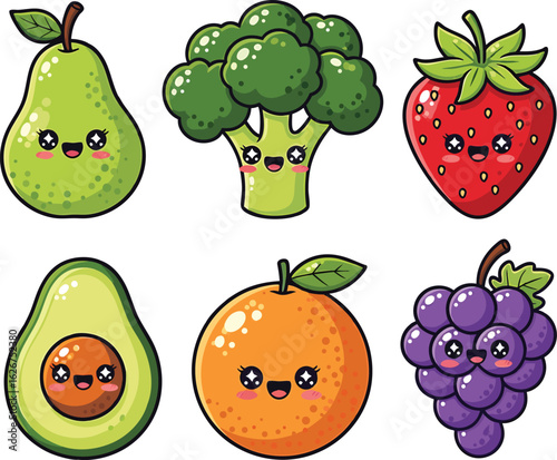 Six cute cartoon fruits and vegetables with happy faces on white background food healthy eating