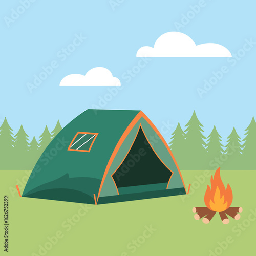 Camping Illustration of Green Tent with Campfire and Forest Background for Summer Adventure and Outdoor Activities
