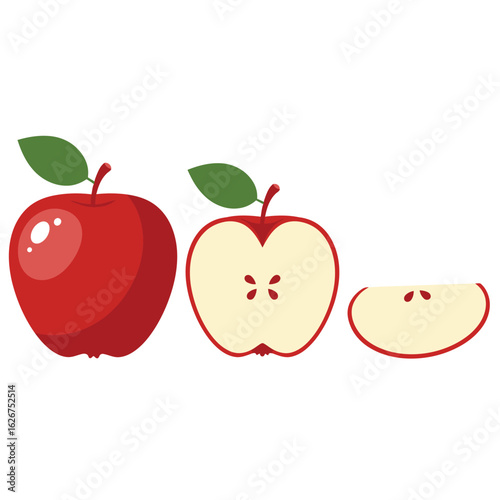 Three red apples, one whole, one half, and one slice, isolated on white background, showcasing fresh, healthy fruit for a balanced diet and lifestyle