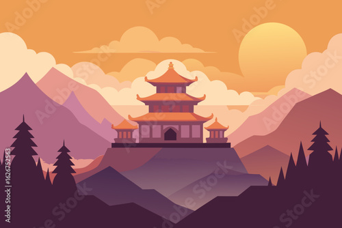 A serene Buddhist monastery at sunrise surrounded by foggy mountains vector illustration