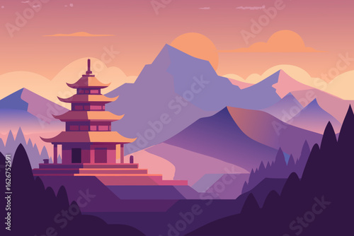 A serene Buddhist monastery at sunrise surrounded by foggy mountains vector illustration