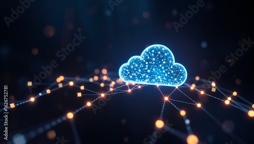 Abstract illustration of a blue glowing digital cloud icon, connected by a network of orange dots and lines over a dark background.