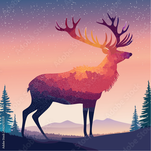 stippling vector silhouette of an elk at dawn with micro-dot antler highlights and sunrise fade, forest wildlife design