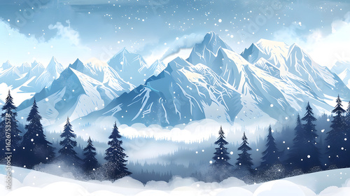 Winter Mountain Range with Pine Trees