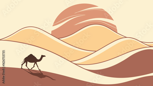 Flat vector of desert scene with sunset sky, soft sand dunes, and camel silhouette — ideal for travel or awareness designs.