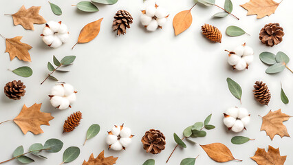 Autumnal wreath frame with pinecones cotton bolls and eucalyptus leaves on a light blue background