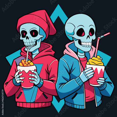 Two Skeletons Enjoying Fast Food in Trendy Style