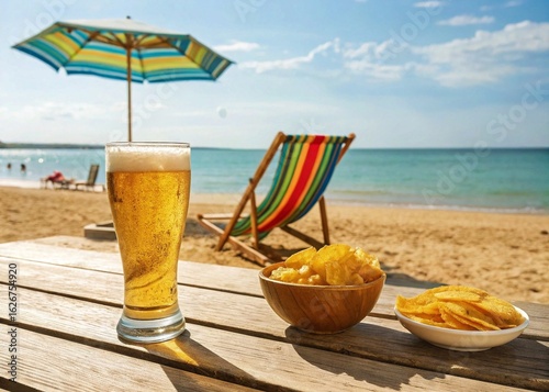 Wallpaper Mural Refreshing beer and potato chips at the beach, complete with a vibrant umbrella and lounge chair. Torontodigital.ca