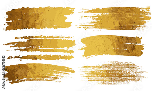 Hand-painted golden foil brushstroke shapes, rough stripes, smears, and textured lines. Creative gold painted graphic design elements for banners, frames, artistic backgrounds