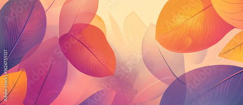 A modern digital illustration featuring a soft cascade of overlapping, translucent leaves in a warm, glowing color gradient of purple and orange
