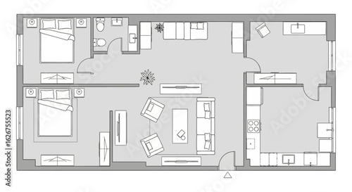 Apartment floor plan design with two bedrooms and kitchen