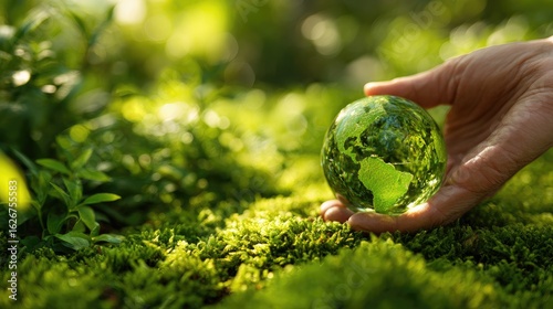 Glass globe of earth resting on a bed of moss.
