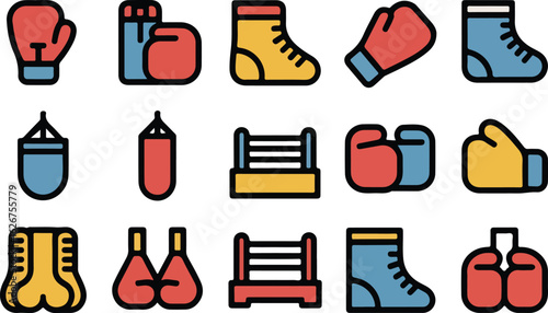 Boxing equipment icons set in colorful flat style
