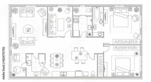 Apartment floor plan layout with furniture and appliances
