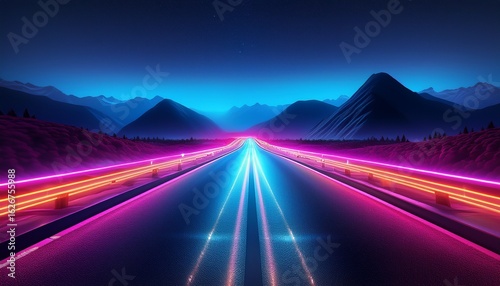 mesmerizing vj loop of a highway at night illuminated by vibrant neon lights with mountains visible in the background