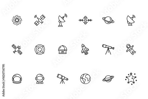Collection outline icons representing space exploration celestial bodies galaxy satellite