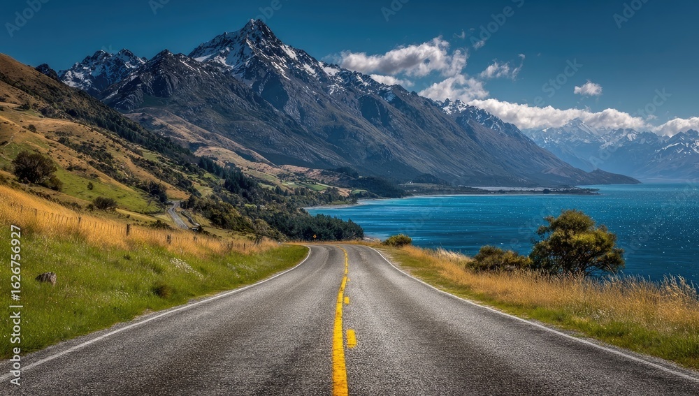 Fototapeta premium Scenic highway winding through a valley, towards snow-capped mountains and a turquoise lake. Lush green hills flank the road, leading to a vista of breathtaking natural beauty
