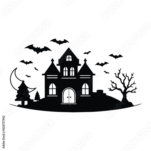 Wallpaper Mural Black silhouette haunted house with bats and moon halloween Torontodigital.ca
