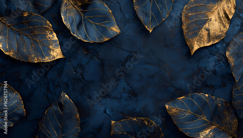 Luxurious arrangement of golden metallic leaves artfully scattered on a rich, textured dark blue background, evoking modern elegance and opulent design for sophisticated visuals