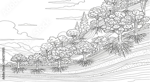 Deforestation Concept Trees on Layered Soil Erosion and Root Exposure