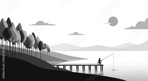 Fisherman on Pier Silhouette Lakeside Serenity at Dusk