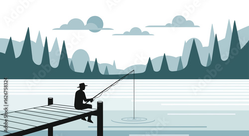 Fishing on dock silhouette calm lake scene quiet outdoor recreation