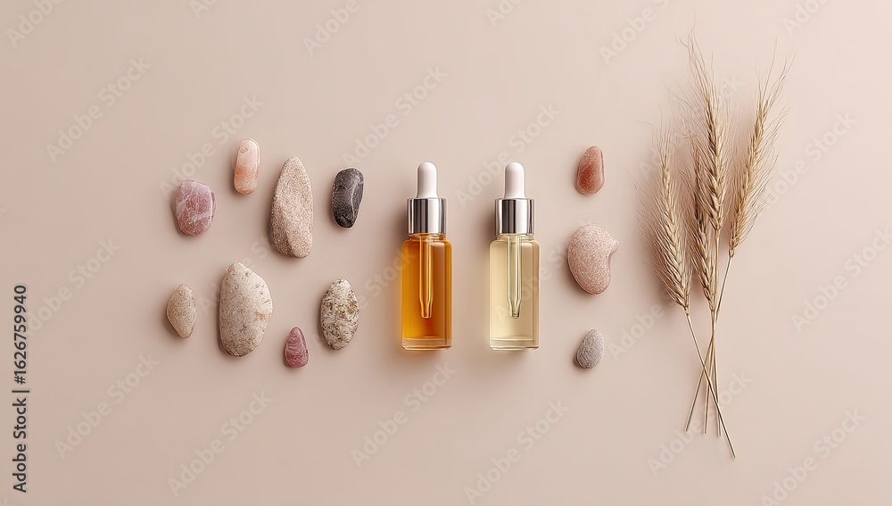 custom made wallpaper toronto digitalTwo amber and clear dropper bottles of skincare or essential oil, surrounded by various stones and dried wheat stalks on a beige background