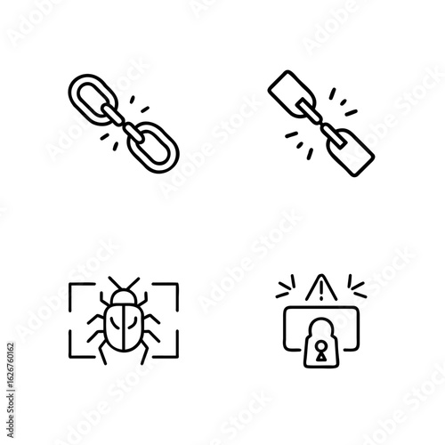 Broken chain link bug alert lock security icons connection disconnect