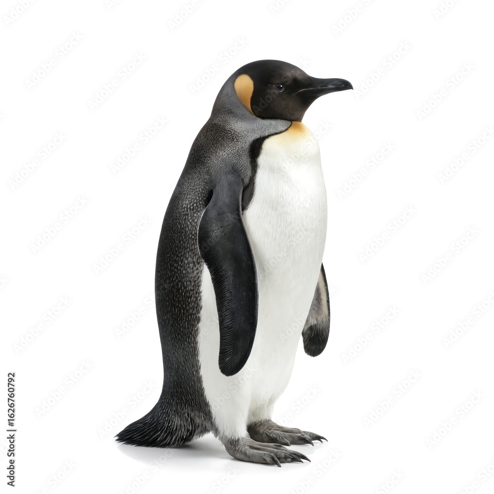 Fototapeta premium King penguin stands isolated on pure white background. Flightless bird, known for distinctive tuxedo-like plumage, adorable appearance, beak, feathers. Perfect for nature, wildlife, educational