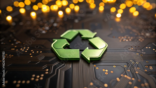Green metallic recycling symbol prominently displayed on a dark electronic circuit board with blurred bokeh lights in the background