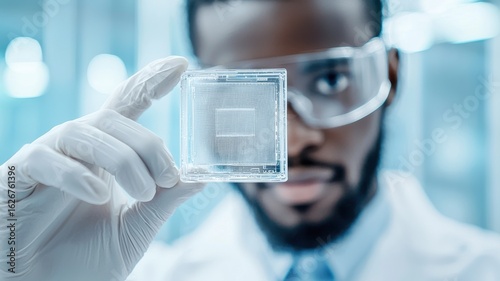 Engineer biomedical design Concept. Scientist examining a transparent microchip in a laboratory setting.