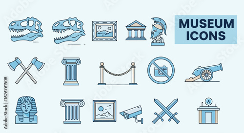 Museum exhibit icons displaying history and culture