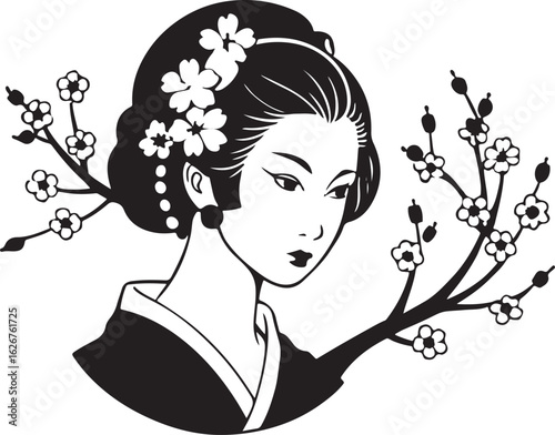 A fashionable woman with flowers in her hair, a fan, and a pink floral design on her face