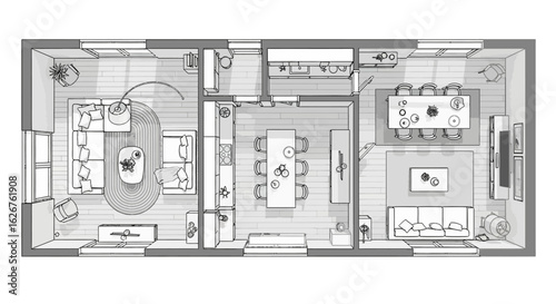 Modern home interior layout design with open floor plan