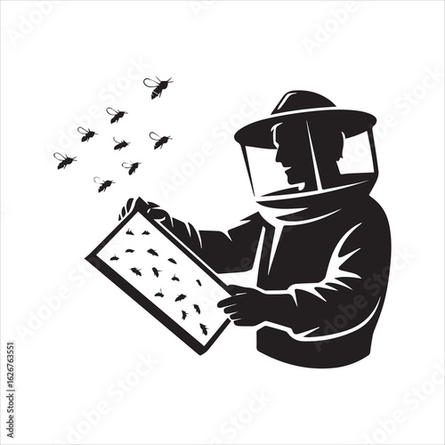 "Beekeeper holding bee frame with flying bees in silhouette style, farm or apiary theme"