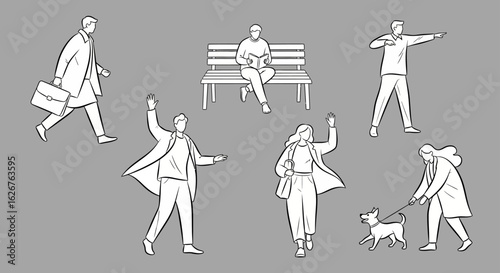 People in public places walking and sitting
