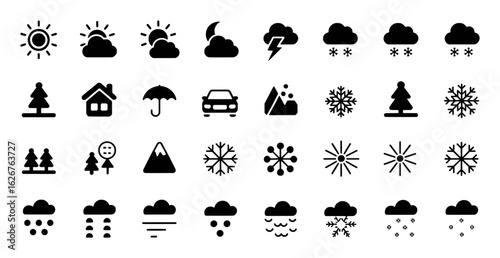 Weather icons sun cloud moon lightning snow rain trees house umbrella car mountain vector