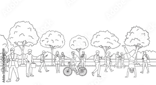 People using smartphones in city park illustration