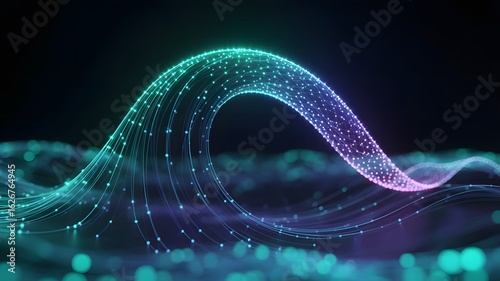Abstract Digital Wave: A vibrant, flowing digital wave composed of interconnected dots in a gradient of teal, green, and purple, against a dark background.