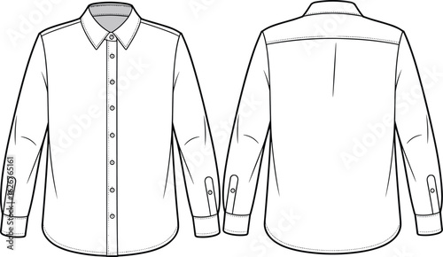 Classic men's dress shirt technical sketch, long sleeve button-up shirt, front and back view, cad drawing flat vector illustration