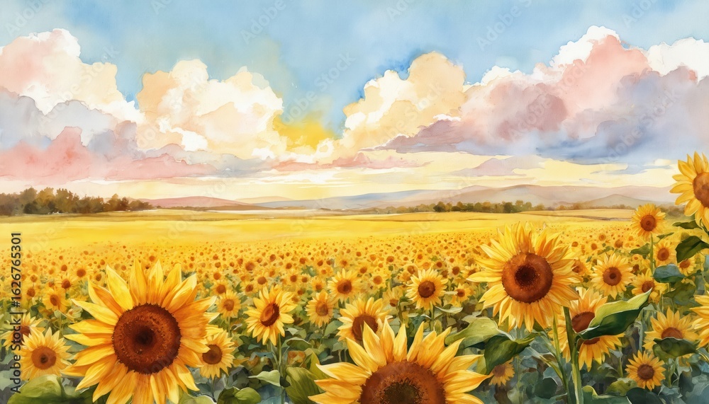 Obraz premium Watercolor painting captures vast sunflower field under cloudy sky with warm sunset tones. Loose brushstrokes create textured, natural landscape. Bright yellow flowers dominate scene, evoking peace,