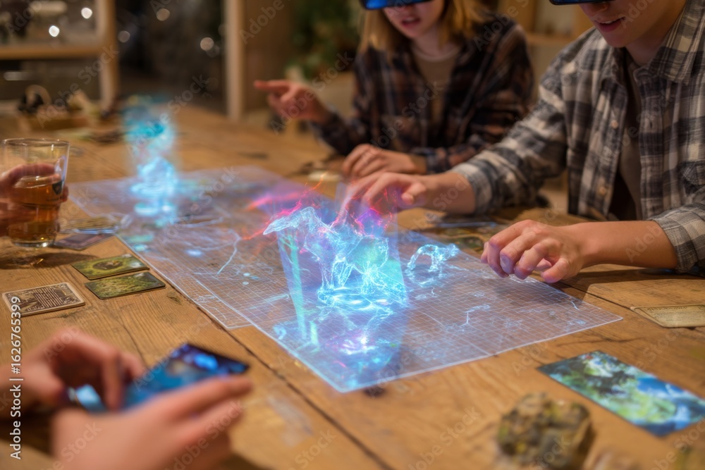 Fototapeta premium Group of friends enjoys a tabletop game enhanced with holograms, drinks in hand, surrounded by a warm, inviting atmosphere Generative AI
