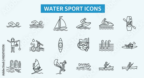 Water sports icons set swimming sailing surfing diving and more