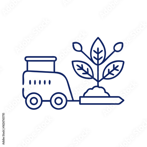 Tractor planting sapling with leaves in simple line art  