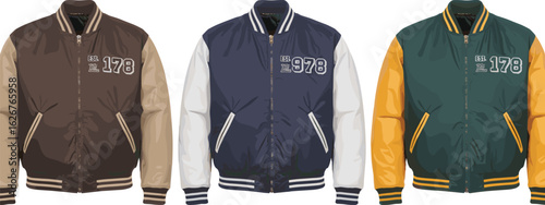 Men’s varsity jacket flat illustration, front view fashion design, bomber jacket CAD, colored outerwear vector template, jacket mockup design