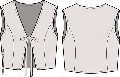 Sleeveless vest flat sketch, front tie top design, women’s fashion template, CAD technical drawing, stylish cropped garment illustration