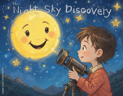 Young Explorer: Child Looking Up at the Stars with a Telescope